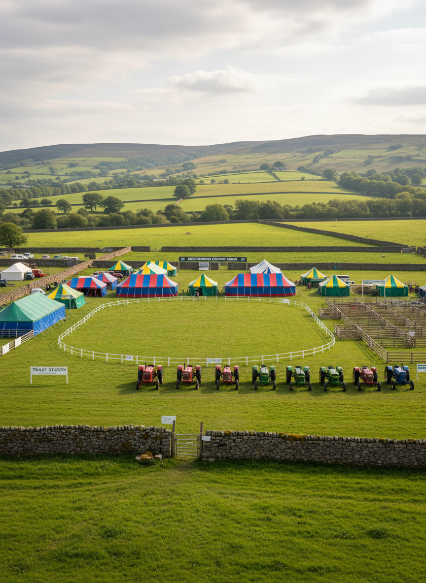 A wide, panoramic view of a traditional rural showfield bordered by dry-stone walls and rolling green Northumbrian hills, with neat white rope barriers marking out a central grass arena. Brightly colored canvas trade marquees, tidy livestock pens, and a small line of vintage tractors are arranged in orderly rows across the field, all without any people present. Soft late-morning sunlight filters through light clouds, giving a gentle, even illumination and subtle shadows beneath the structures. Photographic realism at eye level with a slightly elevated angle, sharp focus throughout to convey an organised, welcoming county show atmosphere, calm and professional, with natural, vibrant greens and clean signage adding a sense of clarity and order.
