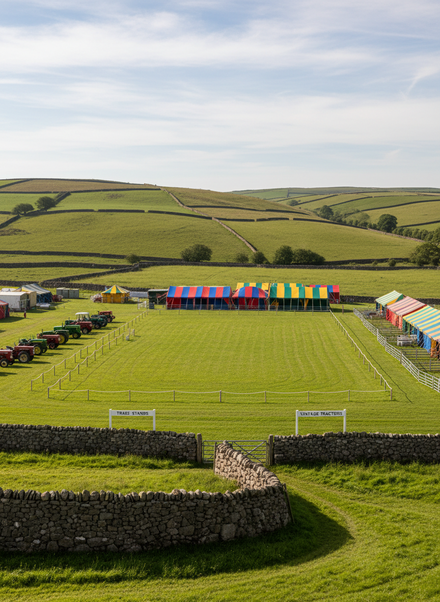 A wide, panoramic view of a traditional rural showfield bordered by dry-stone walls and rolling green Northumbrian hills, with neat white rope barriers marking out a central grass arena. Brightly colored canvas trade marquees, tidy livestock pens, and a small line of vintage tractors are arranged in orderly rows across the field, all without any people present. Soft late-morning sunlight filters through light clouds, giving a gentle, even illumination and subtle shadows beneath the structures. Photographic realism at eye level with a slightly elevated angle, sharp focus throughout to convey an organised, welcoming county show atmosphere, calm and professional, with natural, vibrant greens and clean signage adding a sense of clarity and order.