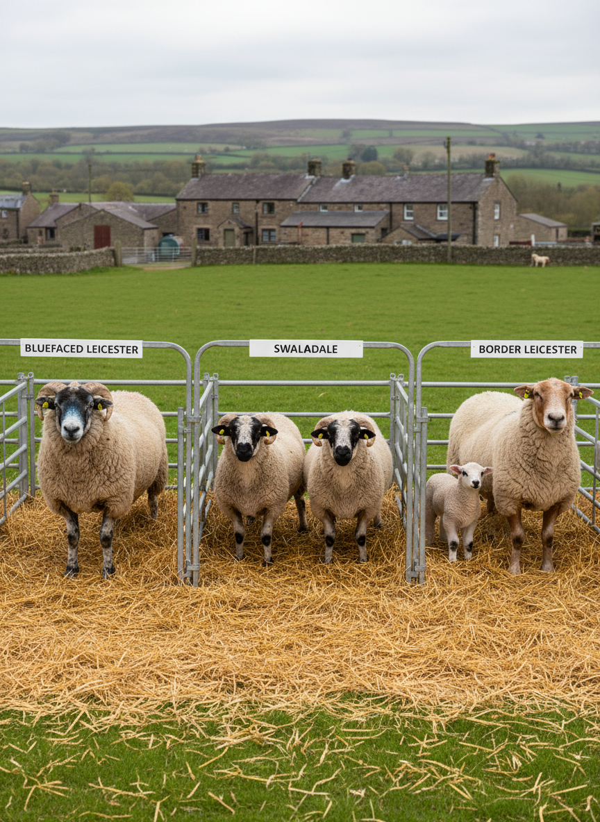 A richly detailed sheep show pen scene featuring several well-groomed, naturally posed sheep of traditional British breeds standing in clean metal hurdles on fresh golden straw, with breed boards attached to the rails. Behind them, a backdrop of rolling pasture and a distant stone-built farmhouse indicates a rural Northumberland setting, all empty of people. Gentle overcast daylight produces soft, even photographic lighting and minimal harsh shadows, allowing the texture of wool, straw, and galvanized metal to be clearly visible. Shot at eye level with a subtle depth of field that keeps the entire pen in focus while softly blurring the distant hills, the composition follows the rule of thirds. The mood is calm, authentic, and proudly agricultural, aligned with a professional county show identity.