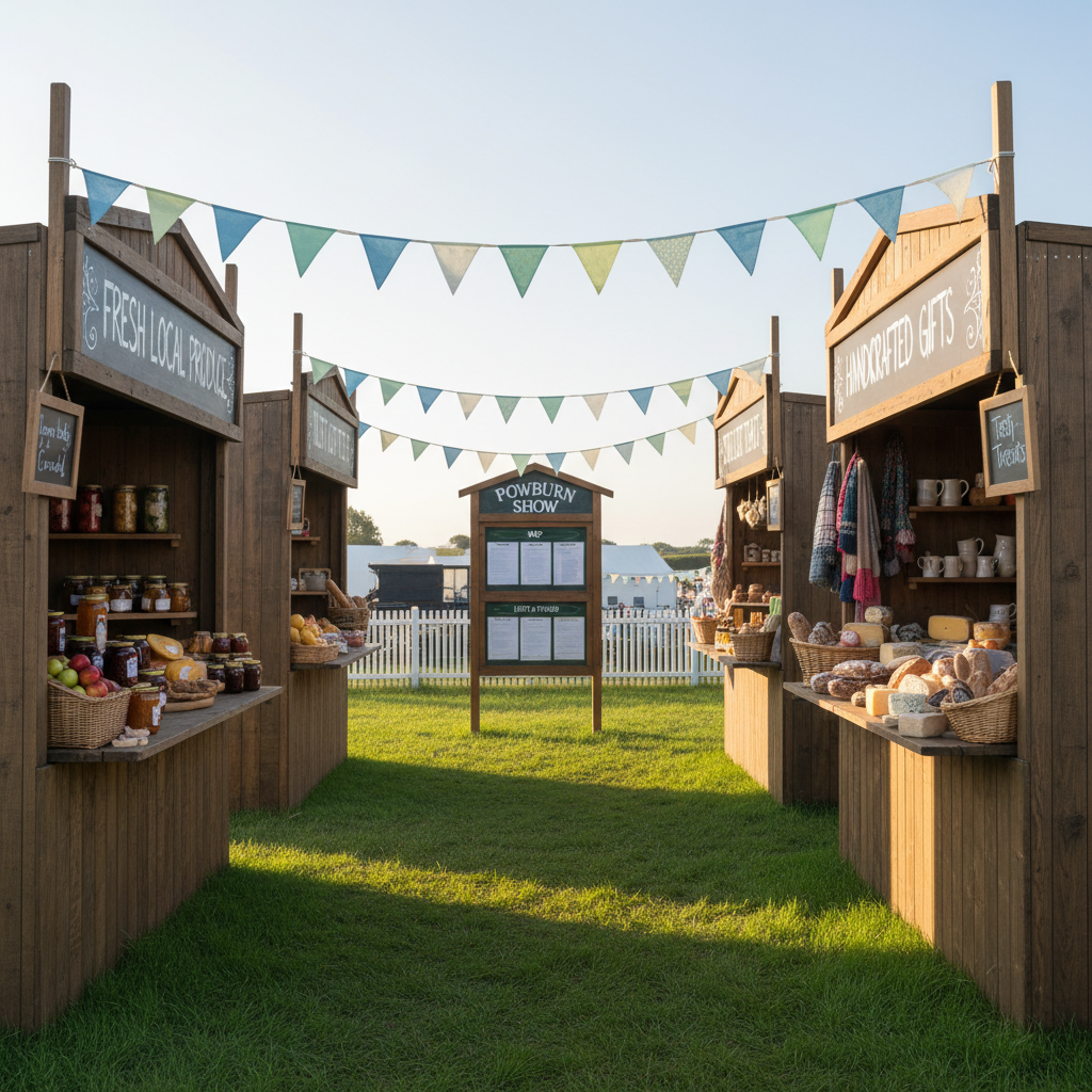 An inviting small food and craft trade stand area at a county show, with compact wooden-fronted stalls arranged along a neatly mown grass lane, each stall displaying carefully stacked local produce, labeled jars, and handcrafted items, yet completely empty of people. Chalkboard signs, tidy bunting, and a central information board for Powburn Show add organized visual detail. Warm, slightly angled afternoon sunlight casts long but gentle shadows, enhancing textures in wood, fabric, and product packaging. Captured from a standing eye-level perspective in photographic realism, the focus is sharp throughout, drawing the eye down the lane of stalls. The mood is vibrant yet orderly, conveying family-friendly enjoyment and professional presentation without visual clutter.