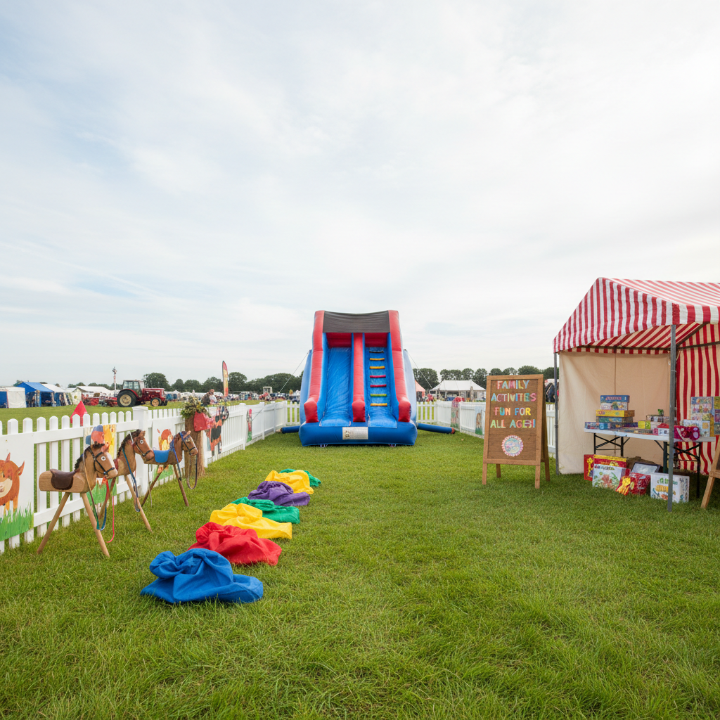 A dedicated children’s activity corner at a rural county show, laid out on soft, closely cut grass with a small, person-free inflatable slide, bright wooden hobby horses resting against a painted fence, and a tidy row of colorful sack race bags neatly lined up. Nearby, an information board for family activities stands beside a small gazebo with neatly stacked games and prizes, all untouched. Soft, diffused daylight under light cloud creates gentle, flattering lighting and minimal shadows, well-suited to a photographic realism style. Shot from a slightly low angle to make the play equipment feel prominent and inviting, with moderate depth of field to keep all elements crisp. The mood is cheerful, safe, and family friendly, reflecting professional event organisation without feeling corporate.