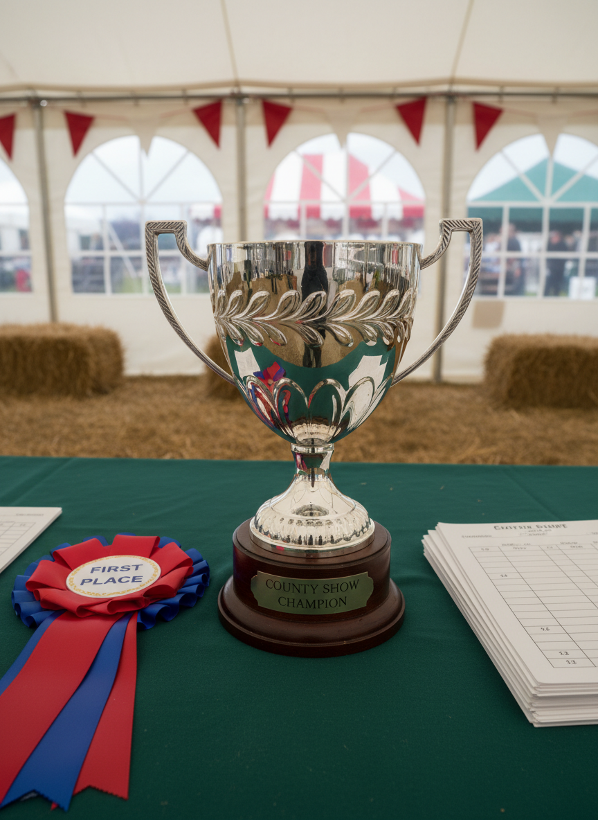 A close-up, photographic image of a polished silver trophy cup with elegantly engraved details and a wooden base, resting on a neatly pressed dark green tablecloth inside a tidy show marquee. Next to it lies a crisp red and blue rosette and neatly stacked scorecards, all unclaimed and undisturbed, with no people present. Soft daylight filters through the white canvas walls, creating gentle, diffused lighting that highlights the reflective metal and casts delicate shadows onto the fabric. Captured from a slightly low angle using shallow depth of field, the trophy is in sharp focus while the background of blurred straw bales and subtle bunting suggests a county show prize area. The mood is aspirational, professional, and celebratory, with photographic realism and a clean, uncluttered composition.